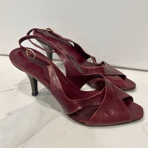 Vintage Vicini Dark Scarlet Red Leather Strappy Open Toe Heels 37.5 Or 6.5 Italy